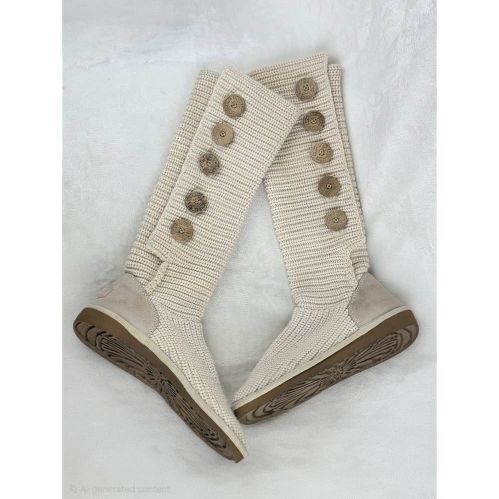 UGG Classic Cardy Knit Boots Womens Size 8 Cream Button Sweater Tall Style